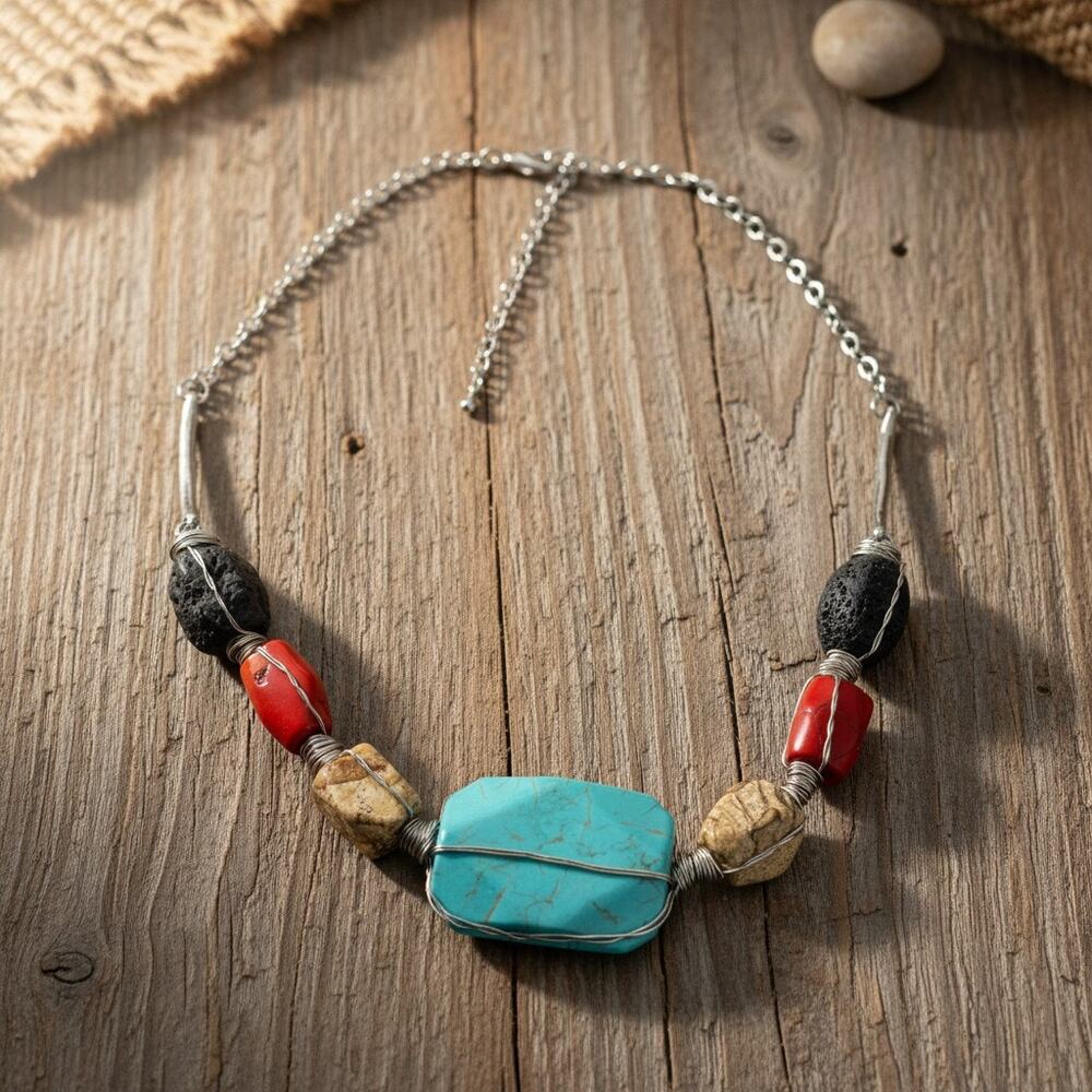 Boho Multi Stone Necklace-Turquoise Howlite-Jasper-Lava-Faux Coral-Silver Tone